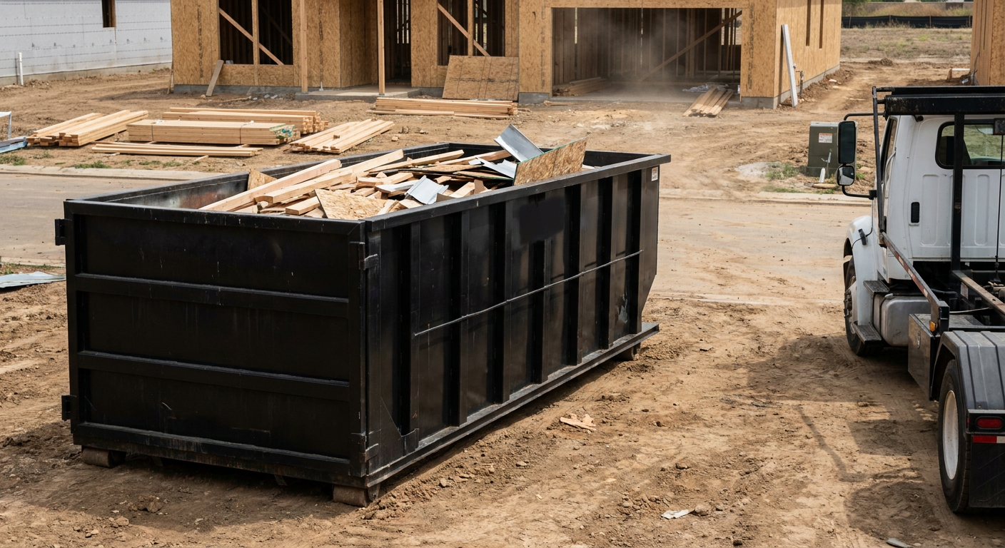 Matte-black 20-yard roll-off construction dumpster with heavy ribbed steel sidewalls and swing rear doors at a working jobsite in Fort Lauderdale, sitting directly on compacted dirt with an unmarked white hauler partially visible at the far edge of the frame.