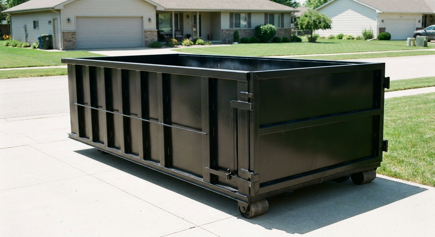Matte-black 10-yard roll-off dumpster on a residential concrete driveway in Fort Lauderdale, uniformly painted matte black across every panel and rail, ribbed steel sidewalls and rear swing door visible, mid-day daylight.