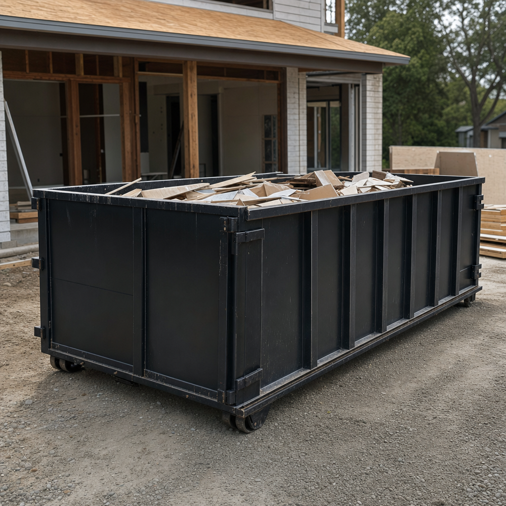 Large matte-black 30-yard construction roll-off dumpster at an active Fort Lauderdale jobsite, steel-gray top rails and bottom rollers visible, loaded with construction debris.
