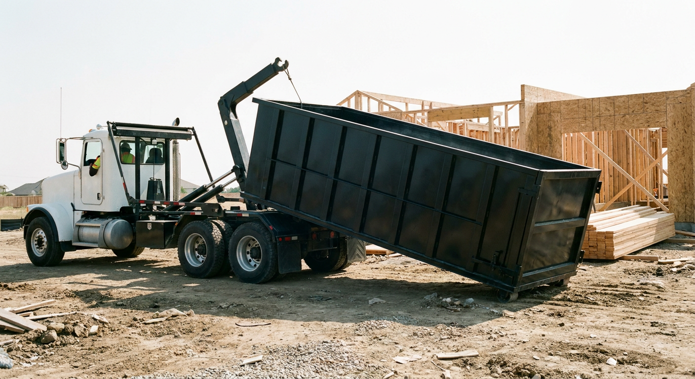 Matte-black roll-off dumpster being delivered onto a clean residential concrete driveway in Fort Lauderdale by an unmarked white hooklift hauler truck, bright morning daylight, documentary 35mm perspective.