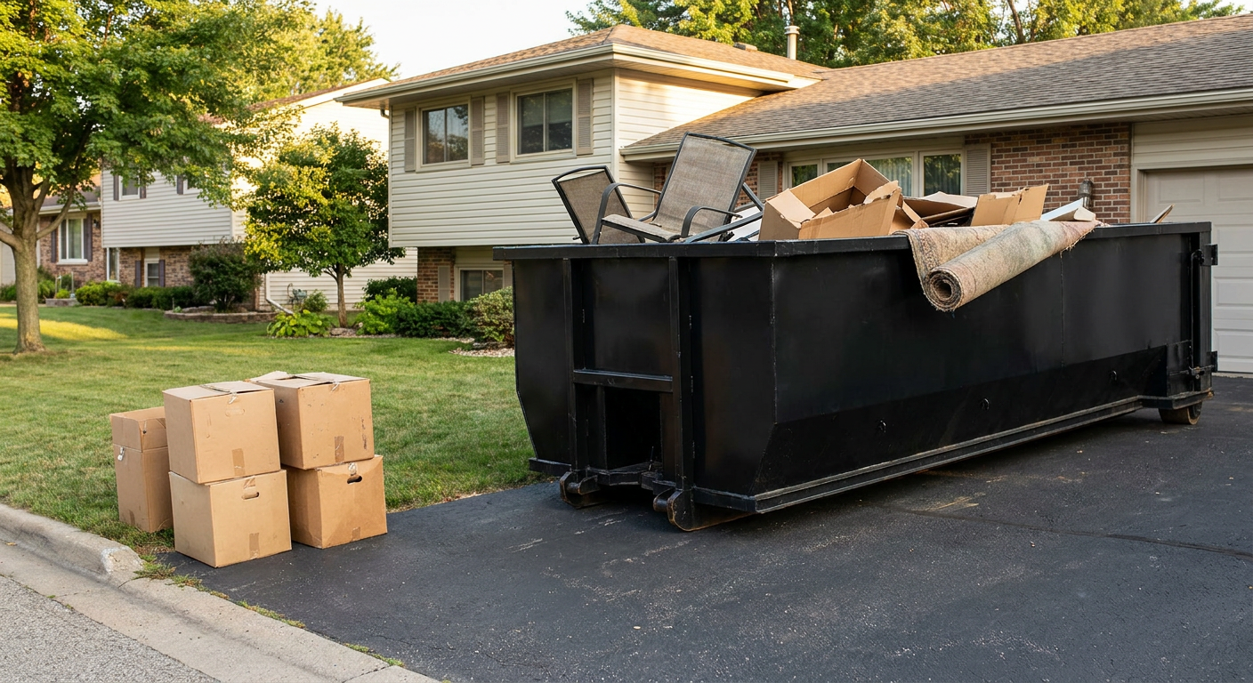Front-yard view of a Fort Lauderdale split-level home with a 20-yard matte-black roll-off dumpster sitting directly on the asphalt driveway, a few clearly labeled donation boxes staged at the curb, calm sunny afternoon.