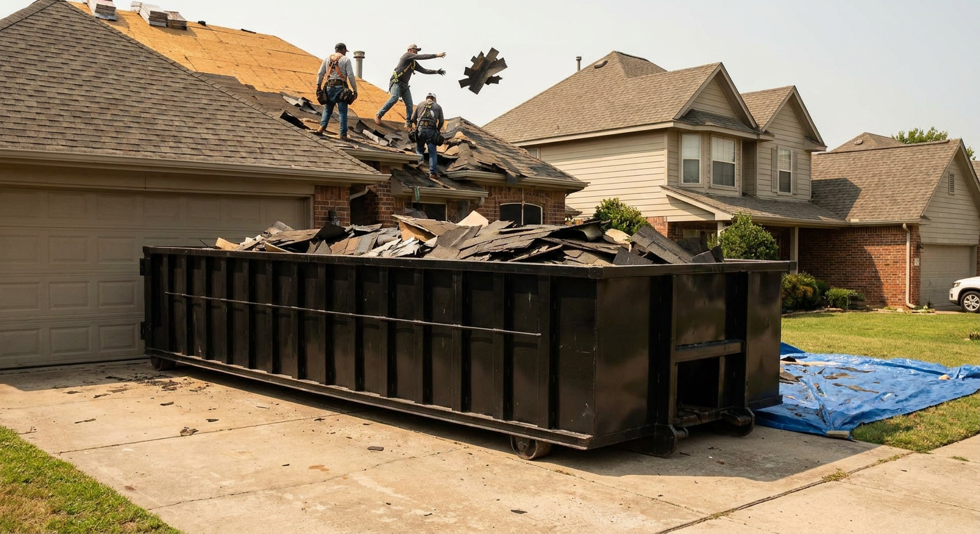 Matte-black roofing roll-off dumpster placed directly on a Fort Lauderdale residential concrete driveway, a tear-off crew on a two-story asphalt-shingle roof tossing shingle bundles into the low-walled container, bright daylight, documentary 35mm perspective.