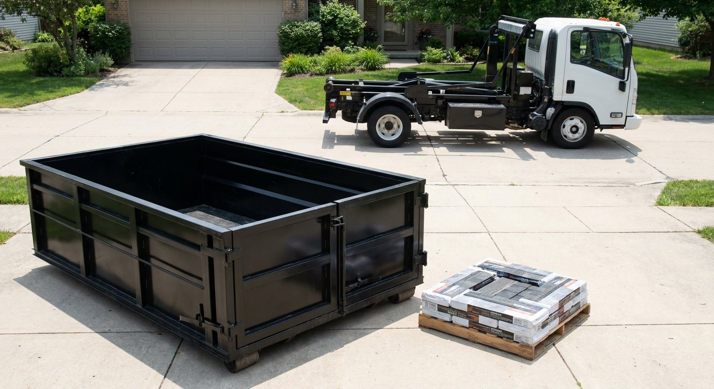 Matte-black 15-yard roofing roll-off dumpster with reinforced low side walls sitting directly on a Fort Lauderdale residential concrete driveway, three-tab asphalt shingle bundles stacked nearby, an unmarked white hauler truck partially visible at the edge of the frame.