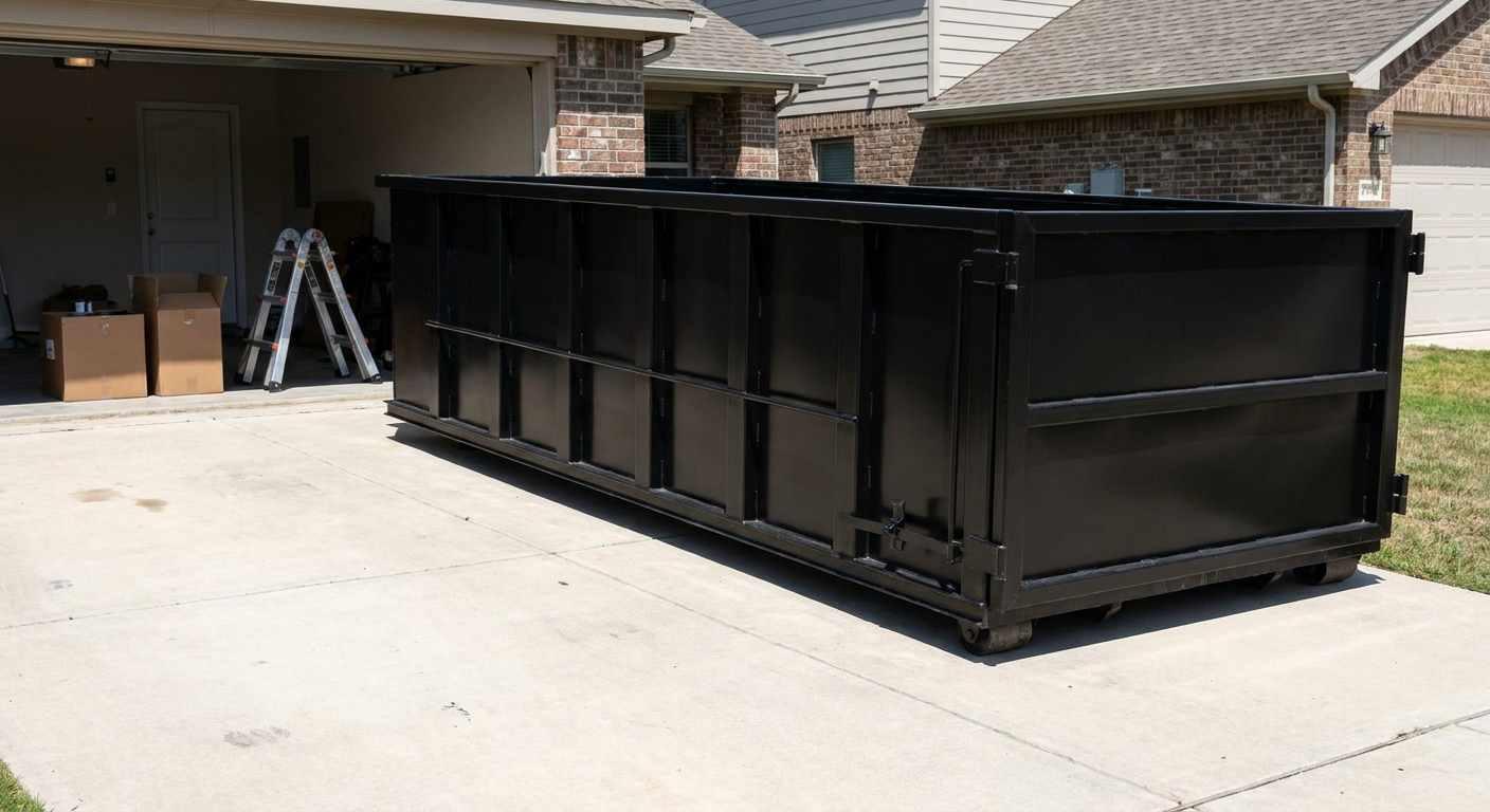 A matte-black 10-yard roll-off dumpster sitting directly on a residential Fort Lauderdale concrete driveway, mid-day sunlight, clean and ready for a garage cleanout.