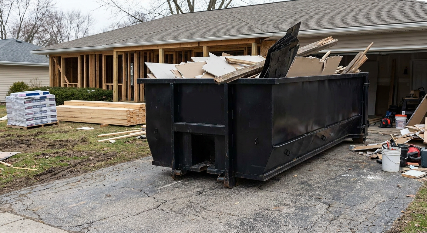 A matte-black 20-yard roll-off dumpster placed alongside a mid-renovation Fort Lauderdale home directly on the asphalt driveway, with framing materials and torn-off shingles staged neatly nearby.