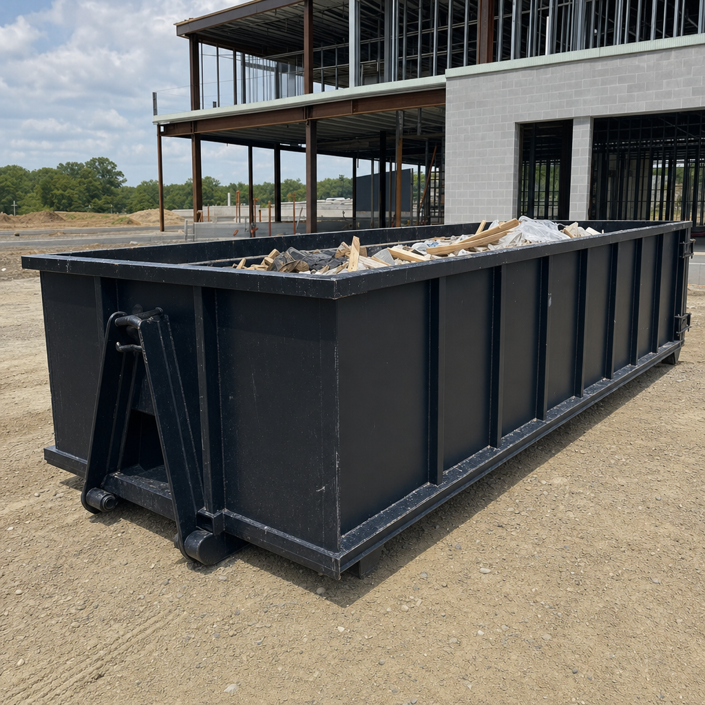 A matte-black 40-yard roll-off dumpster staged on a large Fort Lauderdale commercial construction lot, with a hooklift delivery truck parked alongside under bright midday sky.